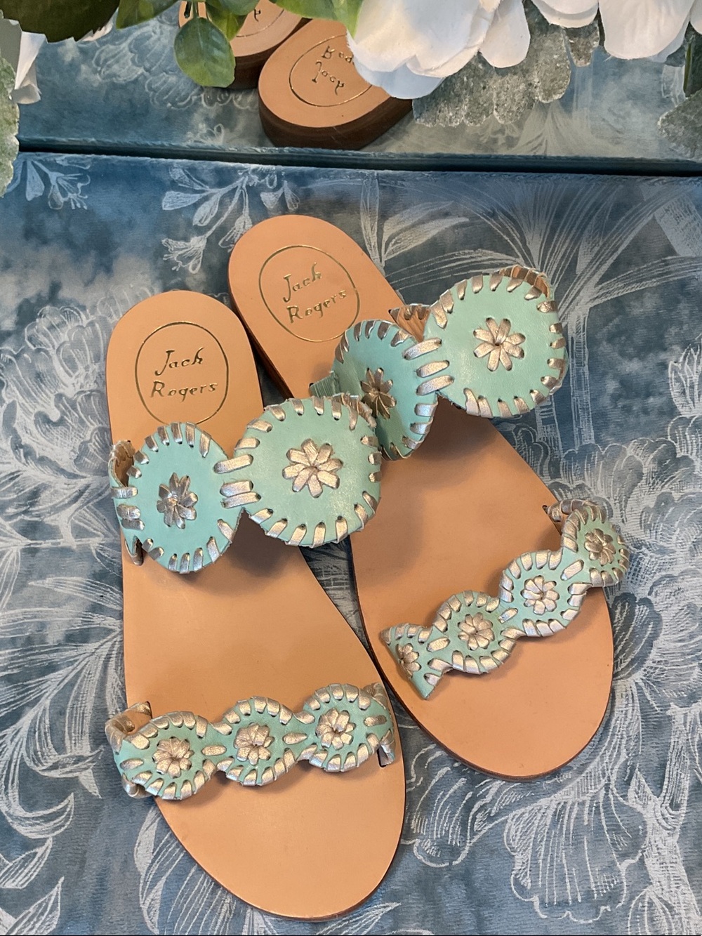 Jack Rogers Aqua Leather Circle Slide Sandals